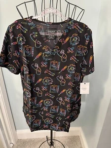 New Cherokee Caring Essentials Nursing Nurse scrub top Black Neon Extra Small XS - Picture 1 of 12