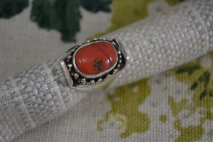 Anillo grueso CORAL Y PLATA VINTAGE AÑOS 70 talla R 925 - Imagen 1 de 9