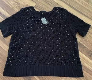 Lane Bryant 22 / 24 Black Crochet Sweater Short Sleeve Embellished Stretch Knit - Picture 1 of 6