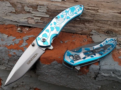Blue Hearts Spring Assisted Pocket Knife EDC 3.3 oz Flipper Tab Women's Men's - Image 1 of 4