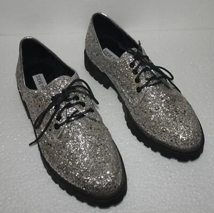 Steve Madden Shoe Size 7.5 Black and Silver Glittery Oxford Style Platform Shoes - Picture 1 of 10