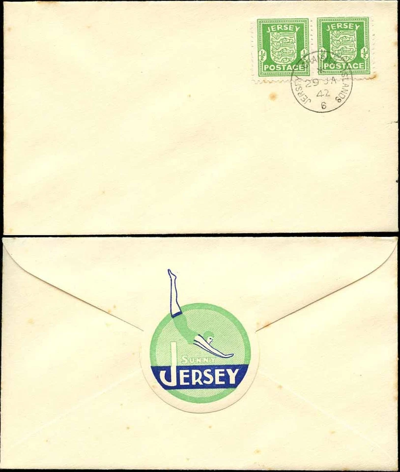 GB JERSEY 1942 ARMS 1/2d on ILLUSTRATED FLAP TOURIST ADVERTISING ENVELOPE...FDC - Image 1 of 1
