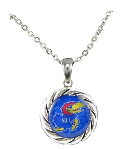 Kansas Jayhawks Blue Domed Circle Silver Chain Necklace Jewelry NCAA Gift KU Cover