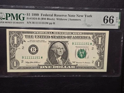 1999 $1 Crisp Federal Reserve Note Near Solid Serial Number (B 11111151 M) PMG66 - Image 1 of 4