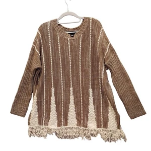 Style&Co Womens L Sweater Brown Cream Fringe Boho Shiek Hippie Pullover Tunic - Picture 1 of 10