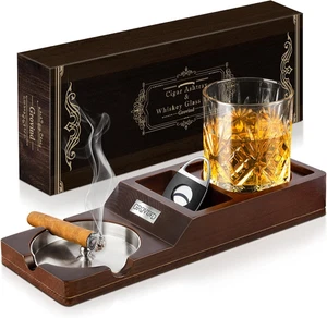 Zigarrenaschenbecher, Holzaschenbecher mit Whiskyglas Tablett - Zigarettenhalter, Zigarren AC - Bild 1 von 12