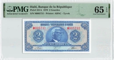 HAITI 2 Gourdes 1979, P-231Aa TYVEK Hybrid, PMG 65 EPQ Gem UNC, Popular Type - Image 1 of 2