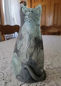 Vintage Joyce Pialet Raku Studio Kunstkeramik Katze türkisblau signiert 8,5"t - Bild 1 von 14