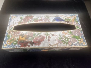 CLOISONNE WHITE ENAMEL BIRD FLORAL DESIGN TISSUE BOX - Picture 1 of 7