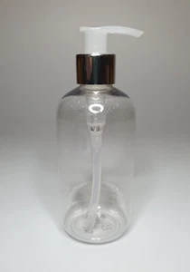 300ml PET Clear Plastic Boston Bottle+Shiny Silver/Natural Lotion Pump ANYAMOUNT - Picture 1 of 1