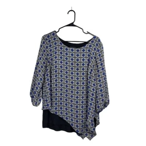 AB Studio Womens Top Large 3/4 Elastic Sleeve Black Blue White Geometric Tunic - Picture 1 of 10