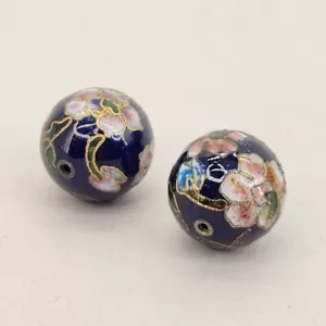 Cloisonne Bead Lot of 2 Vtg 20mm Blue Pink Gold Round NEW DIY Jewelry Maker - Picture 1 of 12
