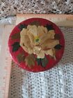 Vintage Christmas Present Holder, Hand Painted Floral Bamboo Box Fabric Liner