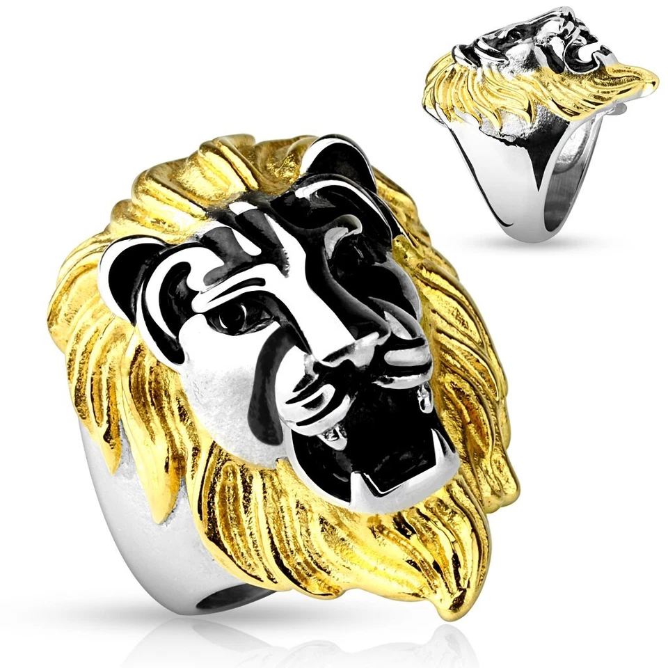 Stainless Steel Men's Biker Ring 3D Gold Plated Mane Lion Head Ring Size 9-14 - Image 1 of 1