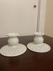 Vintage Fenton White Milk Glass Hobnail Candle Stick Holder Set Of Two 3-1/8” T - Picture 1 of 13
