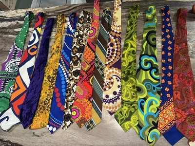Lote de 12 Corbatas Cuello Ancho Vintage Años 70 Psicodélicas Mod Groovy Disco Estampado Negrita Foto 1 de 4