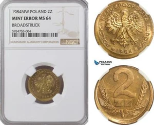 AG769, Poland, 2 Zlotych 1984-MW, Mint Error, Broadtruck, NGC MS64 - Picture 1 of 1