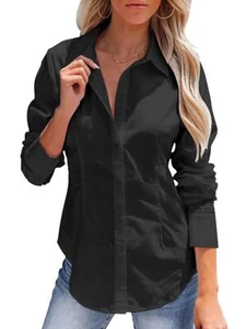 Women's Long Sleeve Button Down Collared Shirt Wrinkle Free Office Blouse Top - Picture 1 of 14