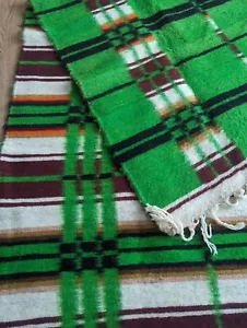 VINTAGE 1940s Reversible Woven WOOL MEXICAN WEDDING BLANKET MCM Green 78x57" - Picture 1 of 17