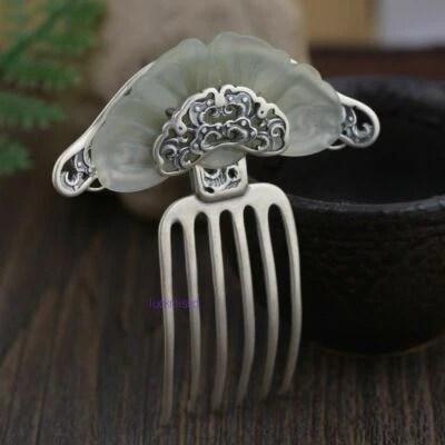 Chinese Antique Hetian Jade Sterling Silver S925 Hairpin Hair Comb Gifts - Image 1 of 4
