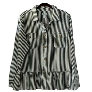 Denim & Co. Women Striped Point Collar Button Peplum Jacket Warm Tan Sz XL NWOT - Picture 1 of 11