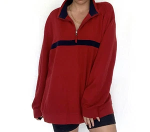 Vintage 90s Preppy Oversize Sport Sweatshirt Pullover 1/4 Zip Closure Red Blue - Picture 1 of 12