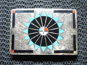 ZUNI STERLING SILVER SUN FACE TURQUOISE CORAL ONYX BELT BUCKLE! F L NATACHU 40g - Picture 1 of 12