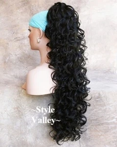 Jet Black Ponytail Hairpiece LONG Claw Clip in/on Curly Extension Hair Piece #1 - Picture 1 of 3