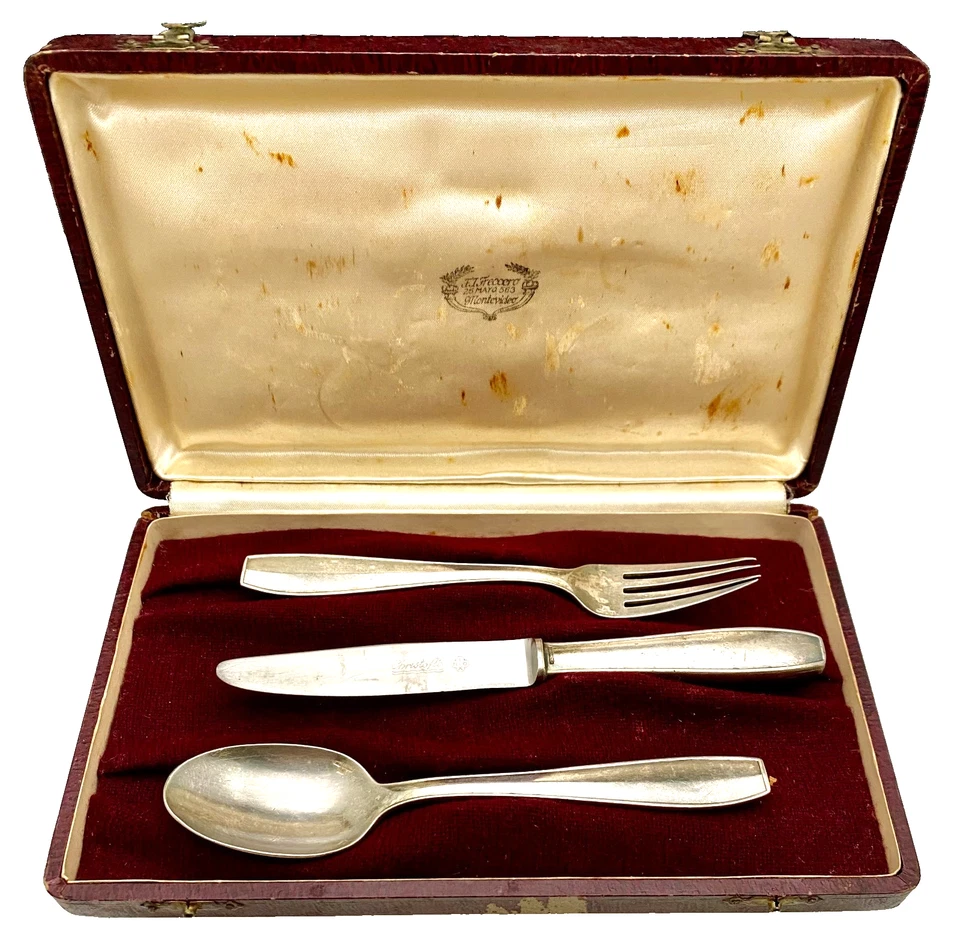 JUEGO DE CUBIERTOS DE COLECCIÓN FRANCÉS CHRISTOFLE INOX/PLATEADO JUVENIL 3 piezas, con FUNDA c1930 Foto 1 de 4