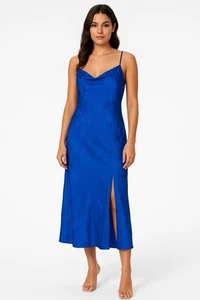 Shein Blue Floral Jacquard Slip Dress Crisscross Tie Back Slit Romantic Sz 6 - Bild 1 von 16