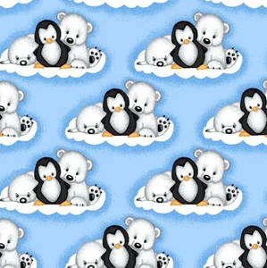 Penguins, Polar Bears, and Seals on Blue Cotton Flannel Fabric by the Yard - Picture 1 of 3