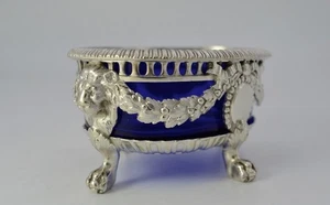 Antique French Sterling Silver Salt Cellar Blue Glass LouisXVI Lion Heads E. 20C - Picture 1 of 12