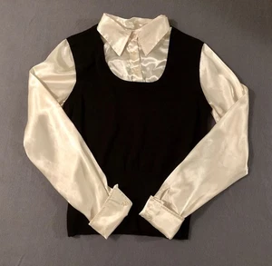 Blusa Chaleco George Vintage Mezcla Seda Negro Oscuro y Crema 2 en 1 L 12/14 - Imagen 1 de 8