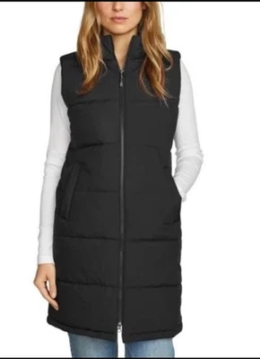 Chaleco acolchado Eddie Bauer para mujer negro largo con capucha bolsillos sin mangas ligero Foto 1 de 4