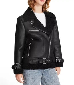STEVE MADDEN Women’s Quinn Sherpa Lined Faux Leather Moto Jacket Size Small - Picture 1 of 12