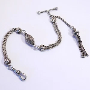 ORNATE ANTIQUE SILVER VICTORIA WATCH VEST CHAIN TASSEL   - Picture 1 of 4
