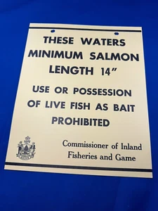 C.1965 NOS Maine Game Warden Sign LIVE FISH AS BAIT PROHIBITED, 14" Salmon 11x9" - Picture 1 of 2