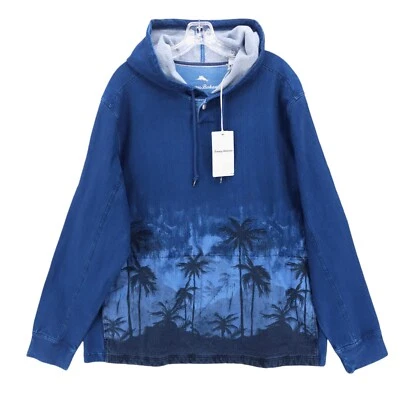 NUEVO CON ETIQUETAS TOMMY BAHAMA Palm Flurry Baja Sudadera con Capucha Azul Índigo Hawaiano Estampado de Palma Elástico Foto 1 de 4