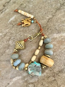 Boho Bracelet Rough Amazonite, Java Glass and African Tribal Beads - Picture 1 of 14