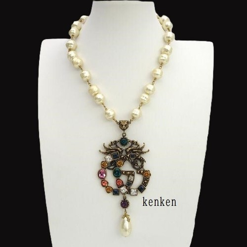GUCCI Collana Catena AUTENTICO Logo Ciondolo Girocollo Kenkenjp Vetro Colore Perla Pietra