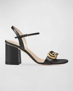 Sandalias Gucci Marmont GG Cuero Tacón Bloque Correa al Tobillo Zapatos Negros $920 - Imagen 1 de 24