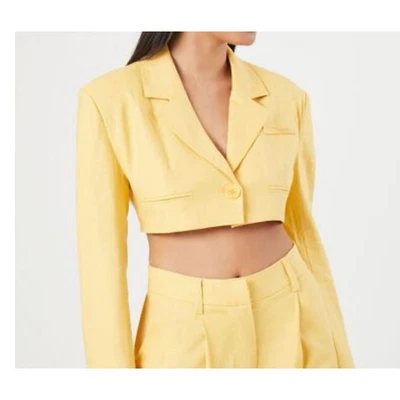 Blazer recortado amarillo plátano sirena de oficina preppy amarillo mezcla lino talla S para mujer nuevo con etiquetas Foto 1 de 4