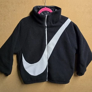 Nike BIG Swoosh Reversible Small Boa Jacket Fleece Sherpa Black Coat - Picture 1 of 5