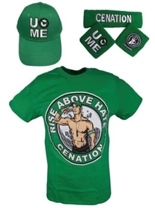 John Cena Boys Green Kids Costume T-shirt Hat Wristbands - Picture 1 of 10