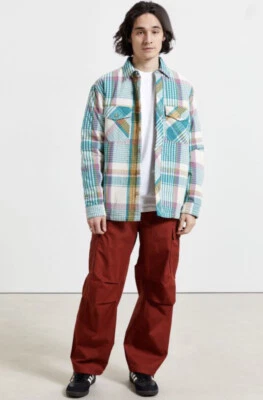  Urban Outfitters Plaid Seersucker Quilted Lined Shirt Jacket Teal Ivory L NWT - Image 1 of 4