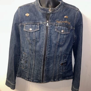 Ladies VTG T Harley-Davidson Embroidered & Rinestone Denim motorcycle Jacket XL - Picture 1 of 16