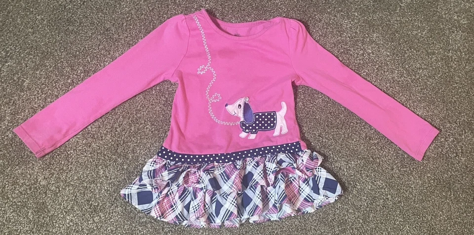 GIRL’S KIDS HEADQUARTERS PINK/NAVY BLUE PLAID RUFFLED DOG TOP BLOUSE SIZE 6 - Image 1 of 1