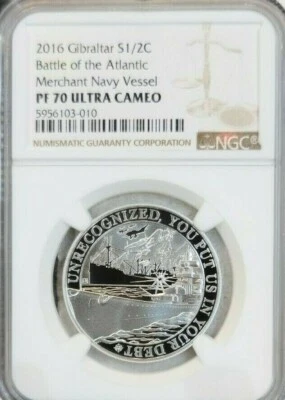 2016 GIBRALTAR SILVER 1/2 CROWN MERCHANT NAVY VESSEL NGC PF 70 ULTRA CAMEO POP 1 - Image 1 of 4