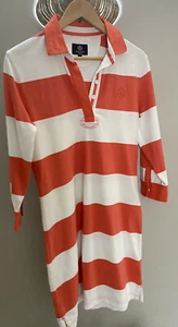 HENRI LLOYD WOMAN CORAL AND CREAM BLOCK STRIPED POLO DRESS SIZE M VGC - Picture 1 of 5