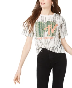 Love Tribe Juniors' MTV Cropped Graphic T-Shirt (Snow White Bamboo Wash, S) - Picture 1 of 2